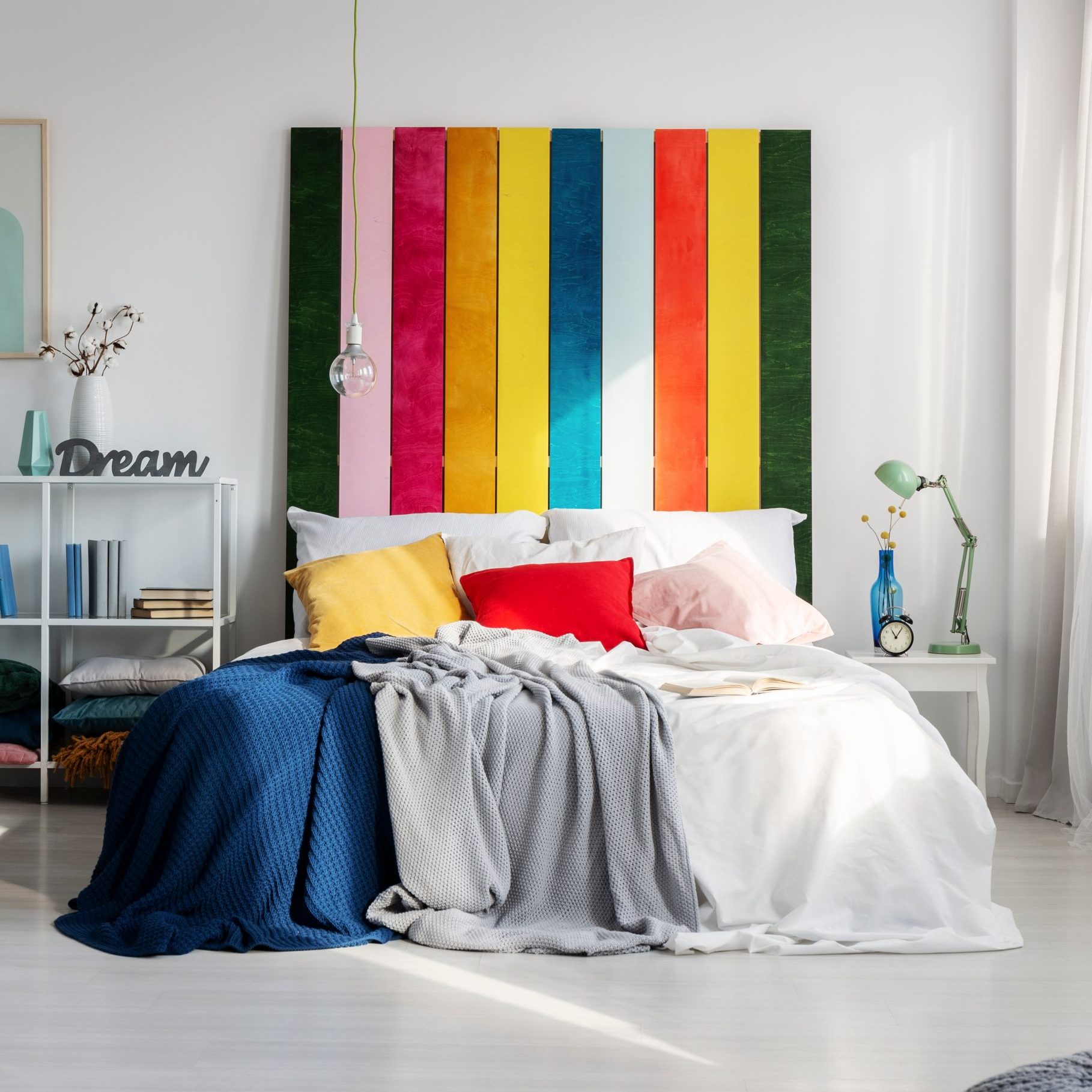 Colorful,Bedroom,Interior,With,Rainbow,Colored,Bedhead